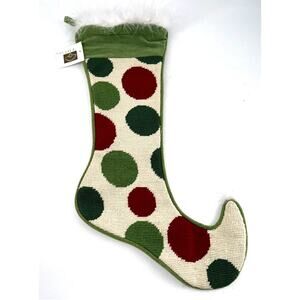Peking Handicraft Needlepoint Christmas Stocking Wool Red Green Balls Faux Fir